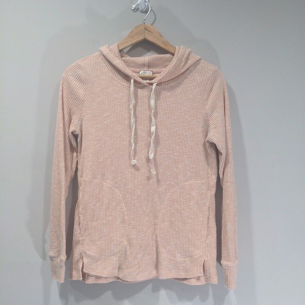 Postmark by Anthropologie Womens Rosalie Ribbed Hoodie Top Light Pink Pockets XS
